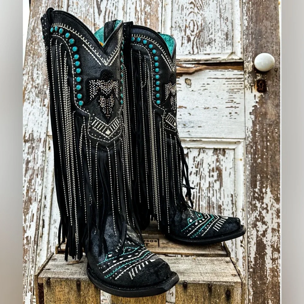 CORRAL EMBROIDERED AND CRYSTAL Black and Turquoise Eagle FRINGE WESTERN BOOTS - Picture 12 of 16